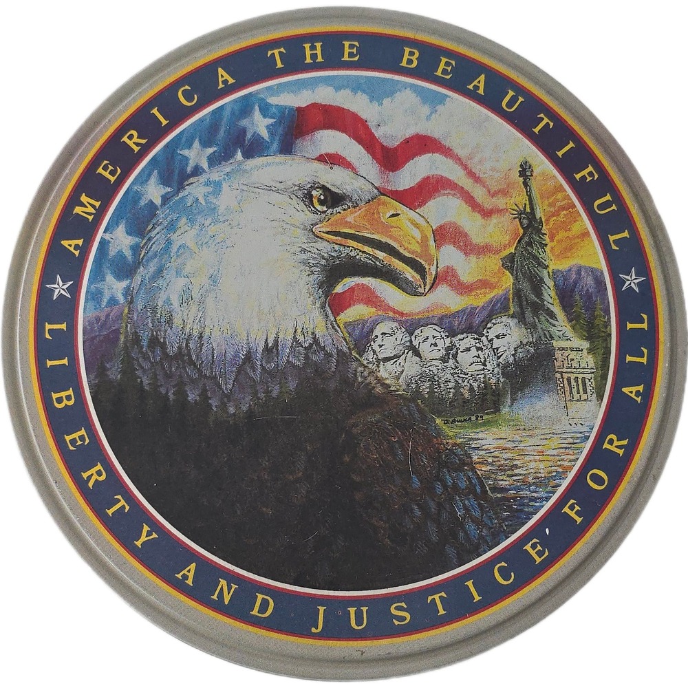 America The Beautiful Patriotic Bald Eagle Round Metal Storage Tin Collectible
